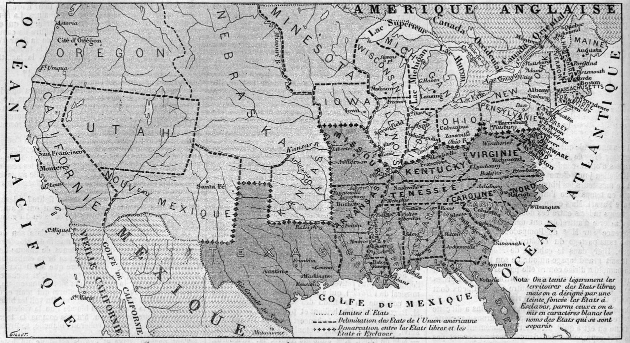 Geografisk kart over USA i mars 1861. Slaveristater er representert i rømmen. Skrevet i hvitt, navnene på de syv konfødererte statene som skilte seg fra unionen: Texas, South Carolina, Mississippi, Florida, Alabama, Georgi av French School