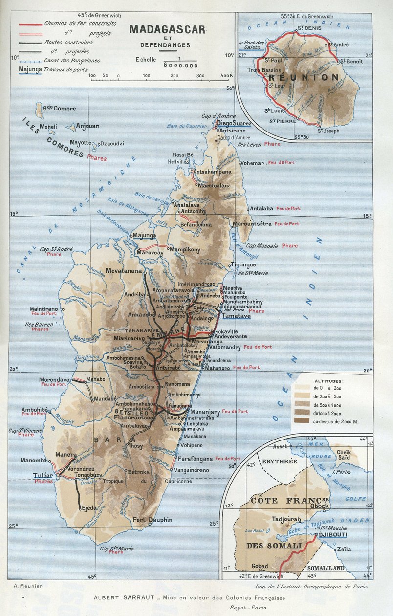 Geografisk kart over kolonien Madagaskar og dens tilhørigheter, Réunion og den franske kysten av Somalia. I «La mise en valeur des colonies francaises», Albert Sarraut. av French School