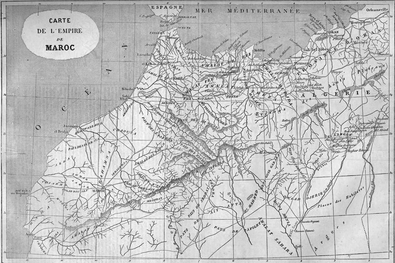 Geografisk kart over riket av Marokko i 859. Gravering i “” Le Monde Illustré”” nr. 129 av 1. oktober 1859. av French School