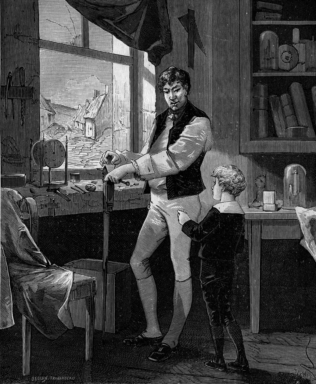 George Stephenson, British engineer (1781-1848) with his son. av French School