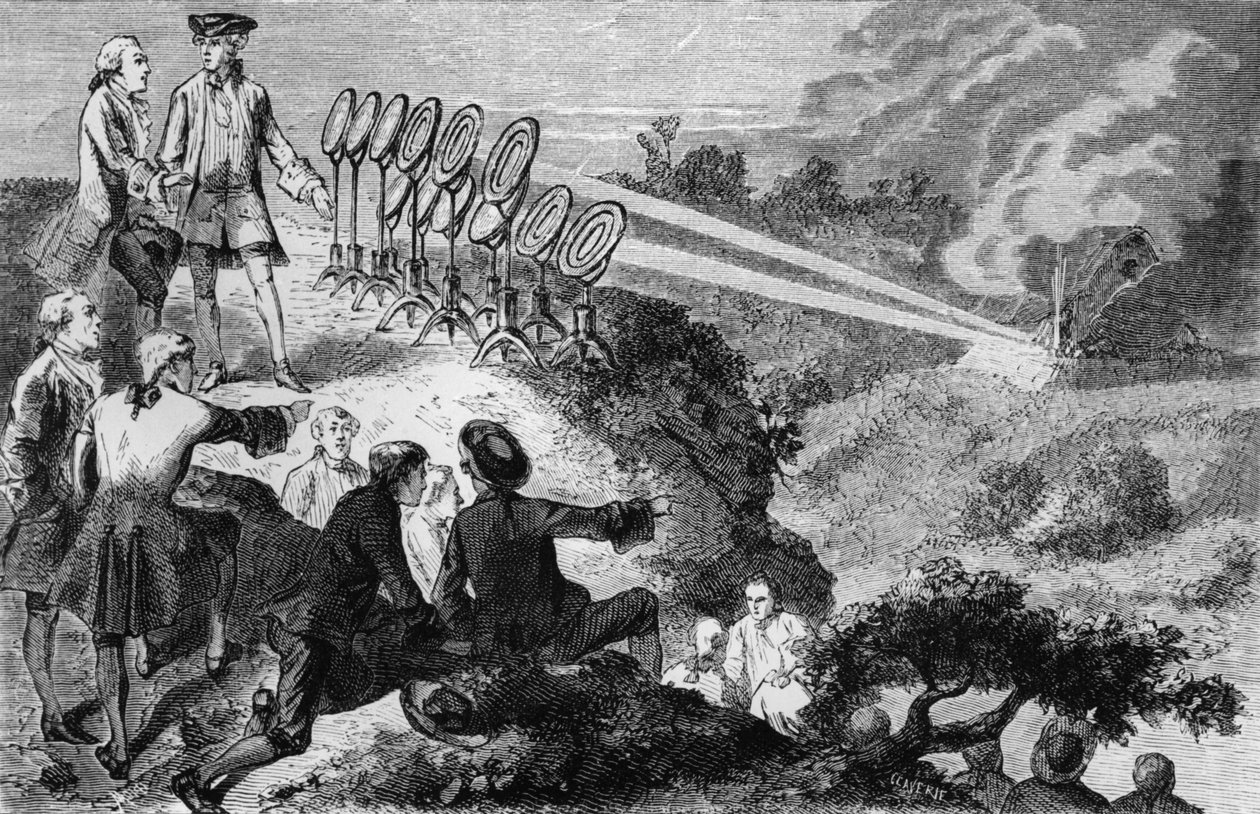 Georges-Louis Leclerc (1707-88) grev de Buffon eksperimenterer med flammende speil på høystakker ved Montbard, fra La Vie des Savants Illustres av Louis Figuier, utgitt i Paris i 1872 (bw p av French School