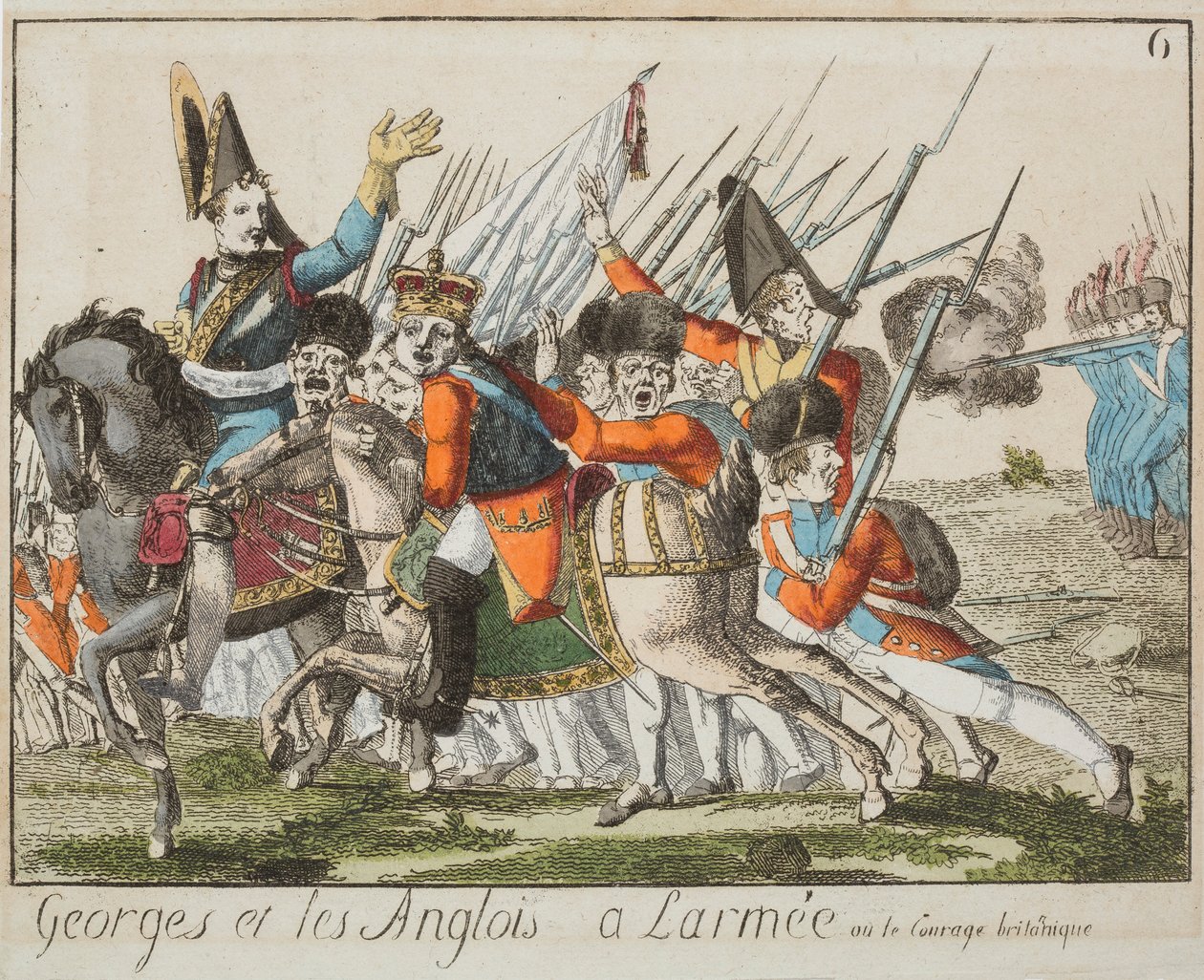 George og engelskmennene i hæren, ca. 1803-4 (farget gravering) av French School