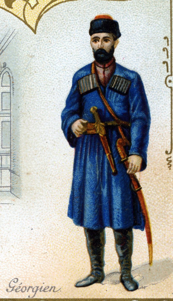 Georgisk hann. Utgave den parisiske litografien, slutten av 1800-tallet. Serie med 25 reklamekromoer for Dijon-produksjonen av Biscuits Pernot, laget i 1869. Detalj av karakterene i tradisjonell drakt av French School