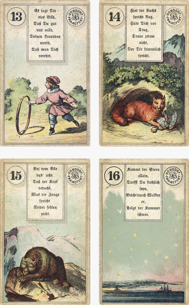 Tysk utgave av Lenormand French cartomancy deck: The Child, The Fox, The Bear, The Star, utgitt av Dondorf, Frankfurt, 1800-tallet av French School