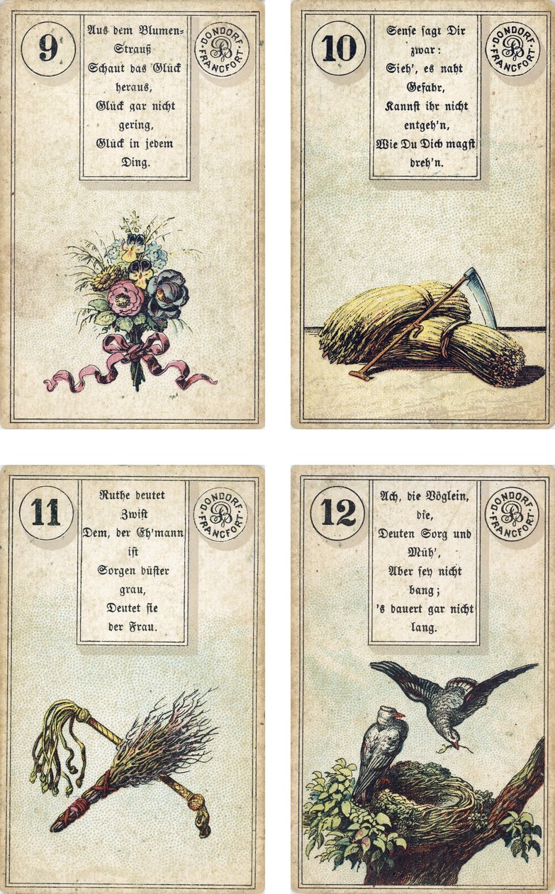 Tysk utgave av Lenormand French cartomancy-dekk: The Flowers, The Scythe, The Birch-rodThe Whip, The Birds, utgitt av Dondorf, Frankfurt, 1800-tallet av French School