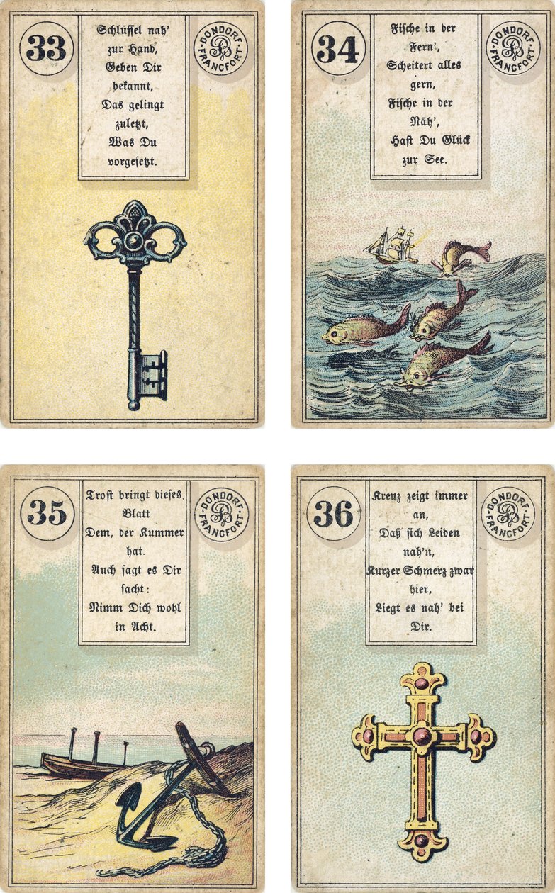 Tysk utgave av Lenormand French cartomancy deck: The Key, The Fish, The Anchor, The Cross, utgitt av Dondorf, Frankfurt, 1800-tallet av French School