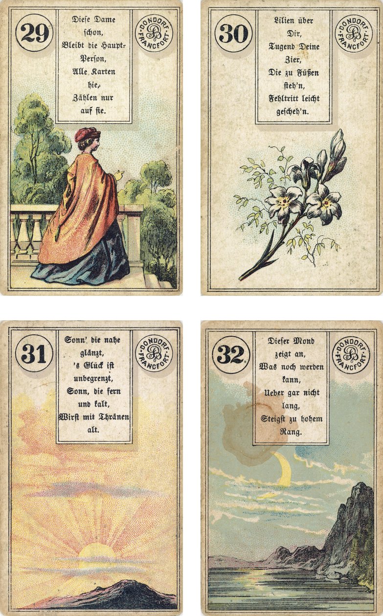Tysk utgave av Lenormand French cartomancy-dekk: The Lady, The LiliesThe Lily, The Sun, The Moon, utgitt av Dondorf, Frankfurt, 1800-tallet av French School