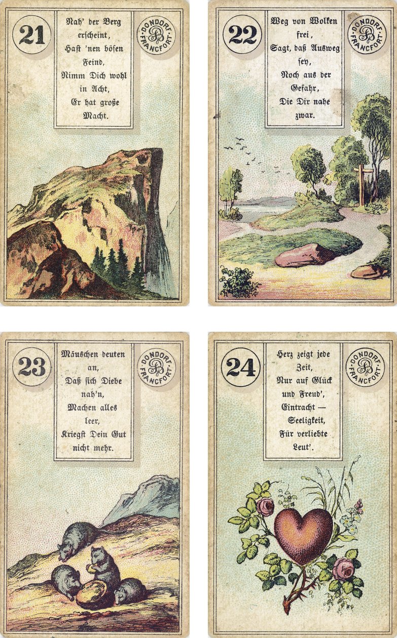Tysk utgave av Lenormand French cartomancy deck: The Mountain, The Road, The Mice, The Heart, utgitt av Dondorf, Frankfurt, 1800-tallet av French School