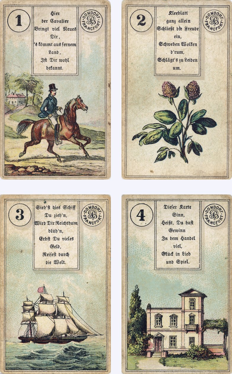 Tysk utgave av Lenormand French cartomancy-dekk: The Rider, The Clover, The Ship, The House, utgitt av Dondorf, Frankfurt, 1800-tallet av French School