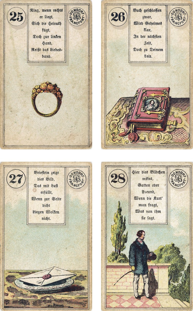 Tysk utgave av Lenormand French cartomancy-dekk: The Ring, The Book, The Letter, The Gentleman, utgitt av Dondorf, Frankfurt, 1800-tallet av French School