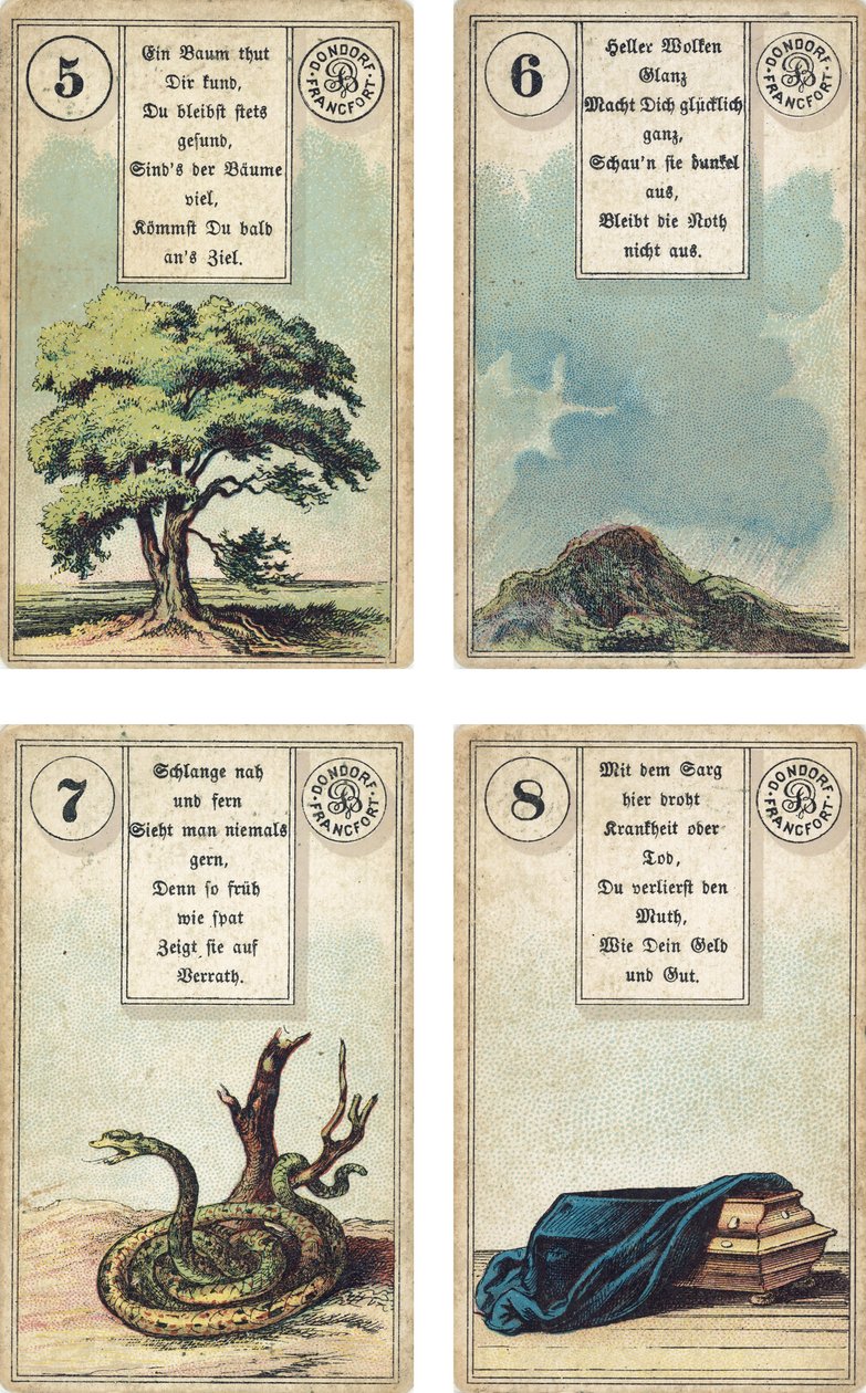 Tysk utgave av Lenormand French cartomancy deck: The Tree, The Clouds, The Snake, The Coffin, utgitt av Dondorf, Frankfurt, 1800-tallet av French School