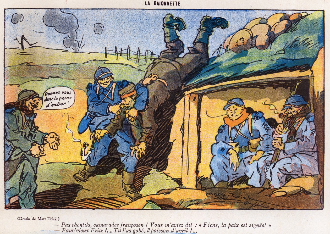 Tysk soldat tatt til fange av franske soldater som et resultat av et triks, tegneserie fra April Fools Day (Poisson dAvril)-utgaven av La Baionette magazine, 29. mars 1917 av French School