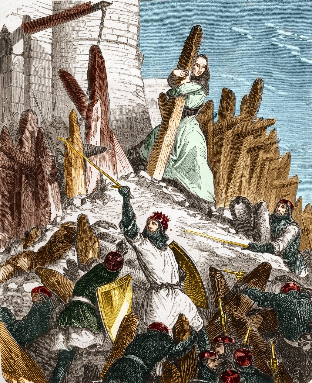 Geurre mot Hugues du Puiset av Louis le Gros: Angrep på Chateau du Puiset (som ligger i departementet Eure-et-Loir) av styrkene til kongen av Frankrike LOUIS VI le Gros i 1118. Gravering i "Histoire De France En Hundre malerier av Paul Lehugeur av French School