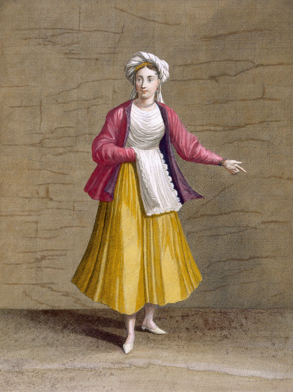 Jente fra St. John of Patmos, fra samling av hundre trykk som representerer Levantens forskjellige nasjoner av Charles de Ferriol, gravert av Gerard Scotin (1671-1716), 1707-08 (farget eng) av French School
