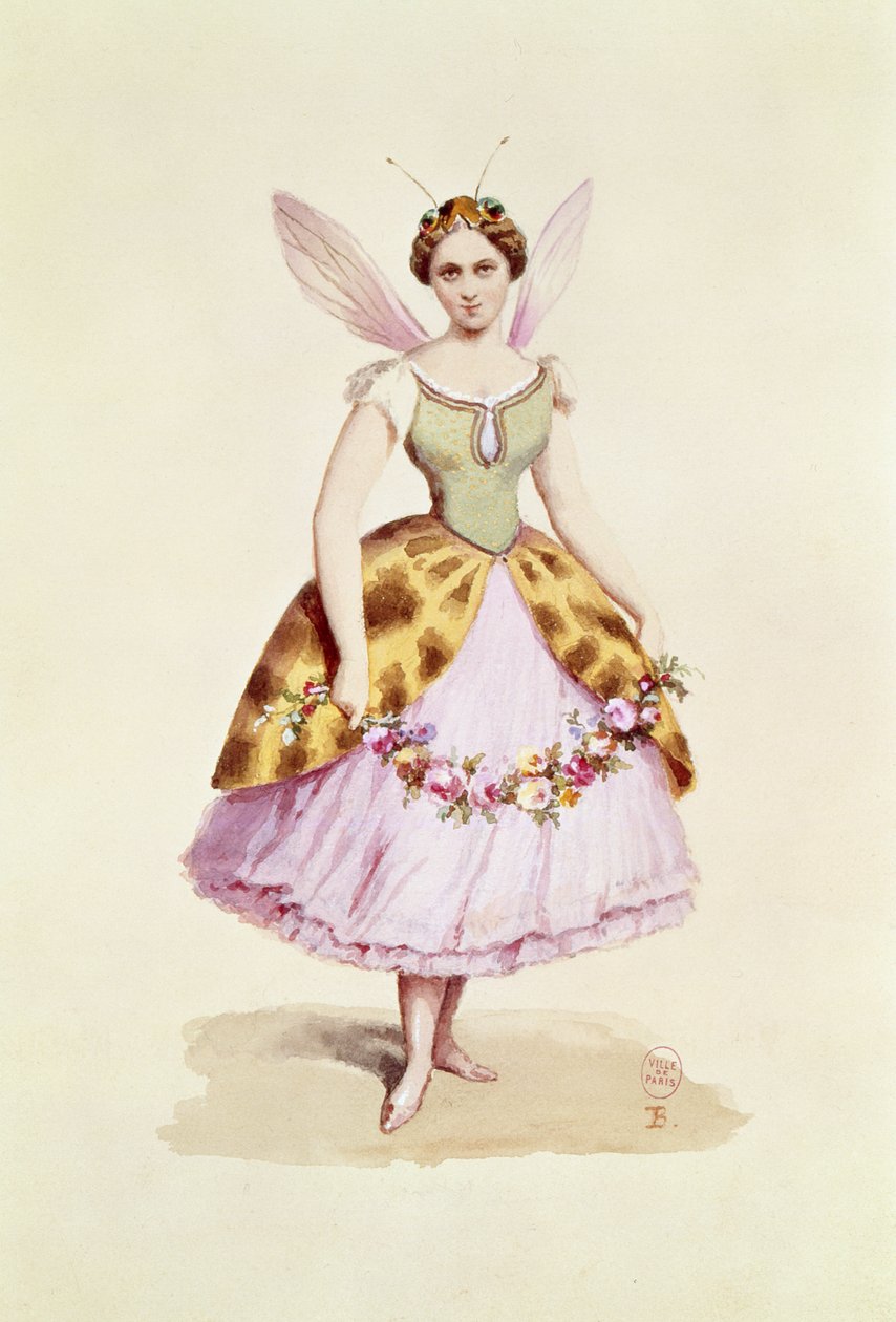 Jente i biekostyme, Bonaparte-emblemet, som båret på en fancy dress-fest gitt av Napoleon III og keiserinne Eugenie, 9. februar 1863 (wc på papir) av French School