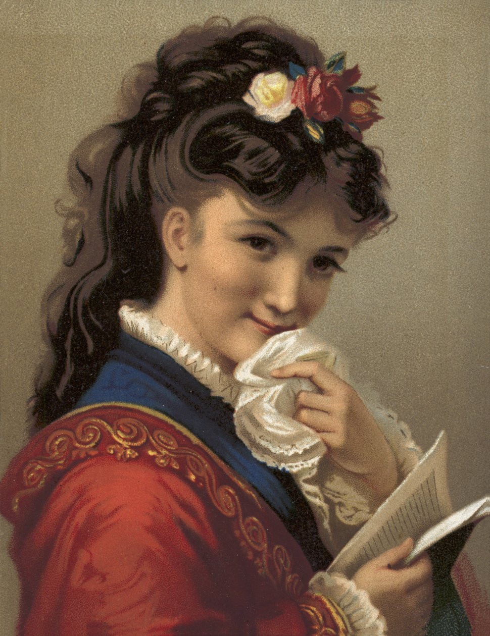 Jente som ler (chromolitho) av French School