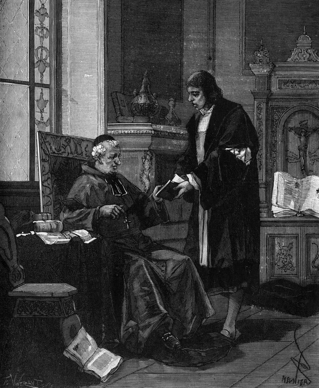 Girolamo Fracastoro kjent som FRACASTOR (1478-1553). Italiensk humanist og lege presenterer diktet sitt til kardinal Bembo. av French School