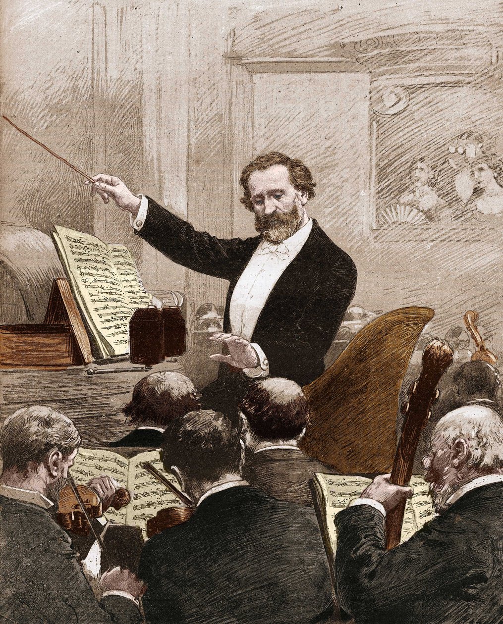Giuseppe Verdi ledet operaorkesteret til den første representasjonen av "" Aida" i Paris i 1880. av French School