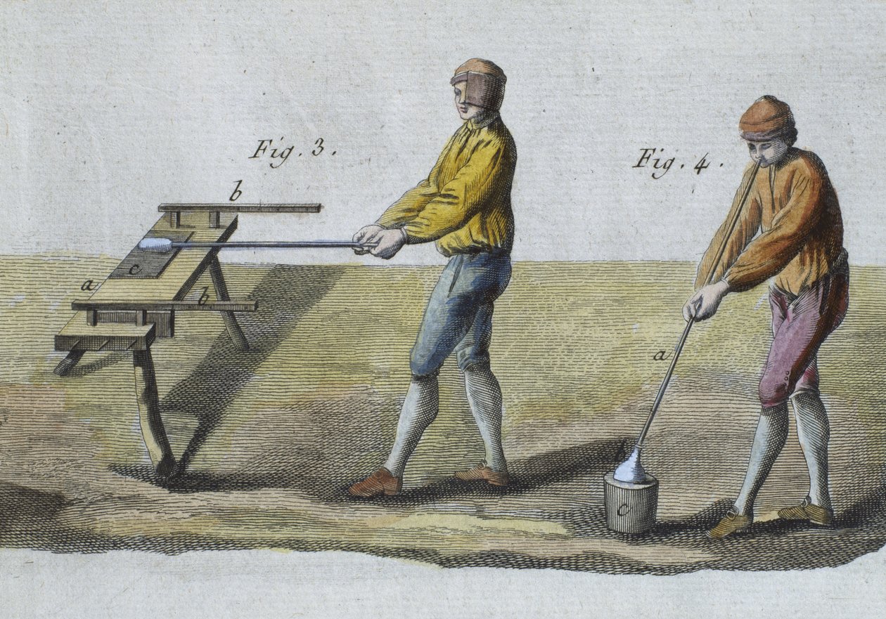 Glassblåsing, detalj, illustrasjon fra Encyclopedie des Sciences et Metiers av Denis Diderot (1713-84) gravert av Robert Benard (fl.1734) utgitt ca. 1770 (fargegravering) (se også 326118) av French School