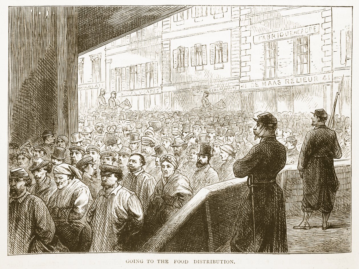 Går til matdistribusjonen, illustrasjon fra Cassells historie om krigen mellom Frankrike og Tyskland, 1870-1871 av French School