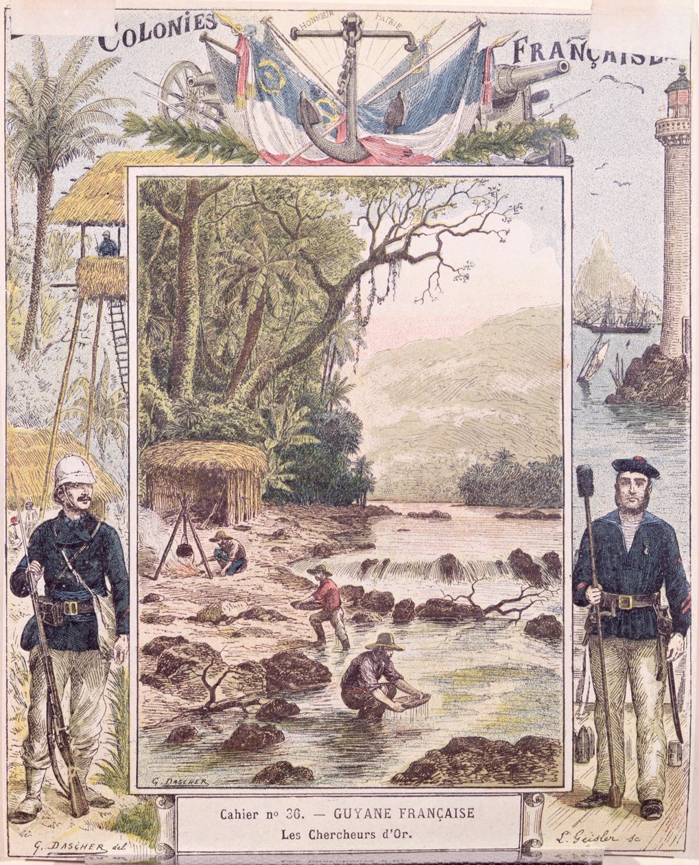 Gold Diggers in French Guyana, omslag til skoleoppgavebok, ca. 1880 av French School