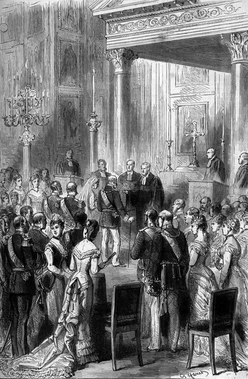 Gullbryllup av den tyske keiser William I (1797-1888) og Impress Augusta (1811-1890): Religiøs seremoni i kapellet i det keiserlige palass i Berlin, juni 1879. Gravering i "" Le Monde Illustré"" nr. 1162 i juli 5 av French School