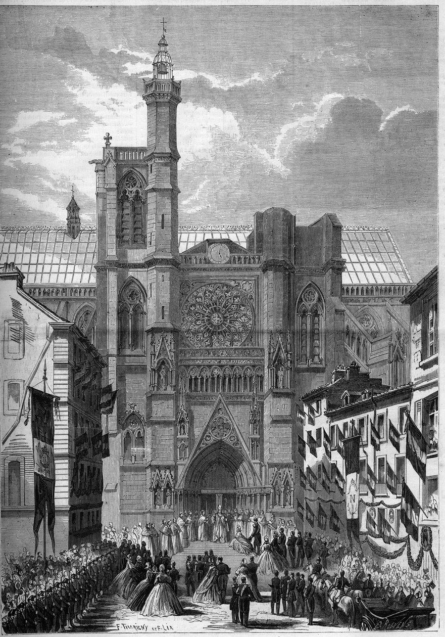 Gotisk arkitektur: utsikt over katedralen Notre Dame de Clermont Ferrand (Clermond-Ferrand), Puy de Dome (63), under besøket til Napoleon III og imponen Eugenie de Montijo i 1862. Gravering i "" Le Monde Illustré"" n °275 av 19. juli 1862. av French School