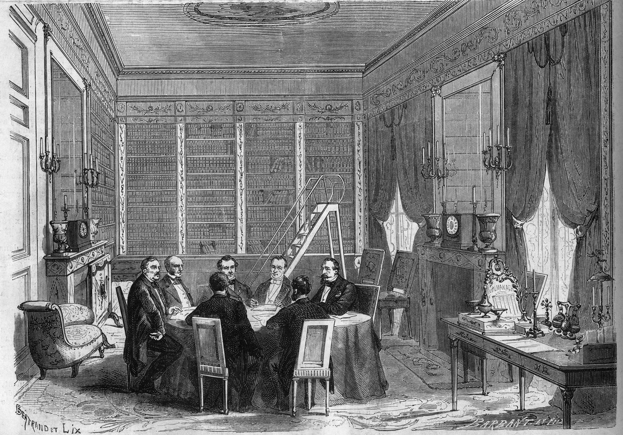 Government of the Second Empire: Council of Ministers presided by Emperor Napoleon III (1808-1873) held in the library of the Palace of Compiegne av French School