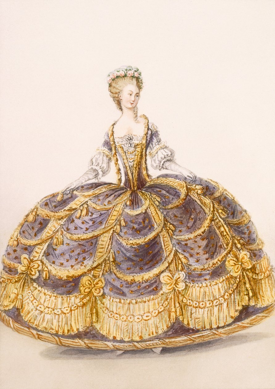 Kjole egnet for presentasjon ved hoffet, tallerken fra Galeries des Modes et Costumes Francais, c.1778-87 99:clothing; tradisjonell kjole; tradisjonelle kostymer; mote; illustrasjon; av French School