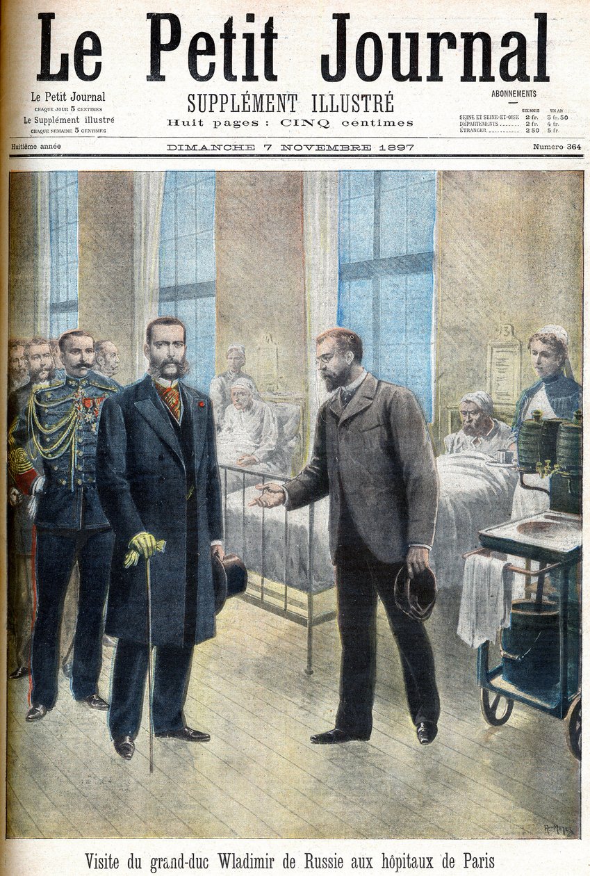 Storhertug Vladimir Alexandrovich av Russland (Vladimir Alexandrovich av Russland) besøker sykehusene i Paris - illustrasjon for Le Petit Journal, 7. november 1897 (gravering) av French School