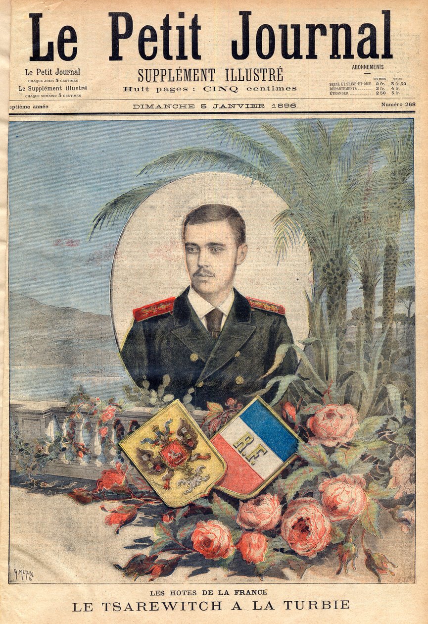Grand Duke and Russian tsarevich George Alexandrovich, the brother of Tsar Nicholas II visiting La Turbie, France, "le Petit Journal", 5th january 1896 (engraving) av French School