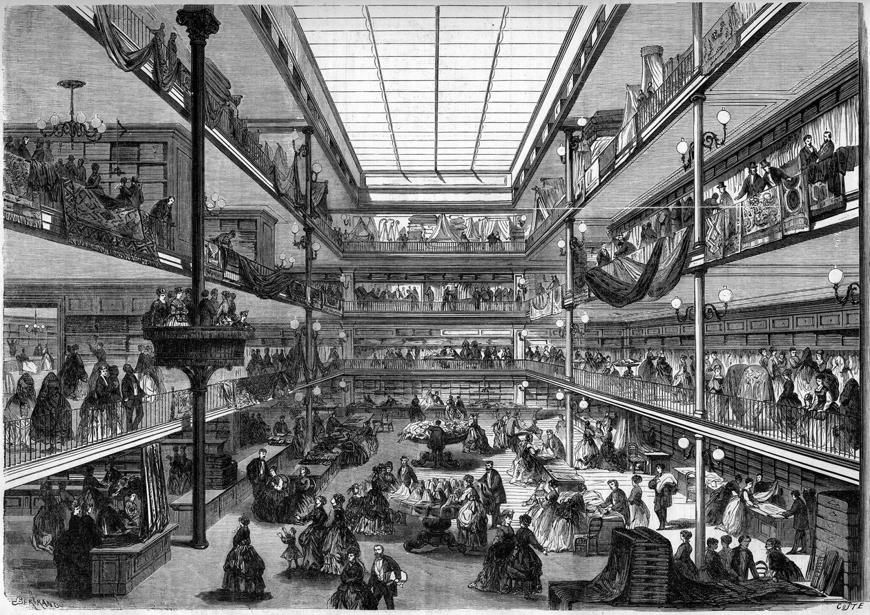 Parisiske varehus; indre utsikt over butikkene i byen Saint Denis, rue du Faubourg Saint Honore, Paris av French School