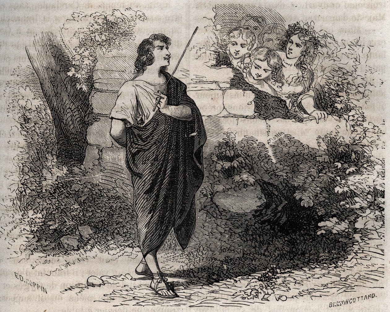Gresk mytologi: Bacchis og vennene hans prøver å forføre Gyges som nekter og forblir trofast mot sin avdøde kone. Gravering fra 1871 i «Histoire Des Cocuses Celebres»» av Henry de Kock (1819-1892). av French School