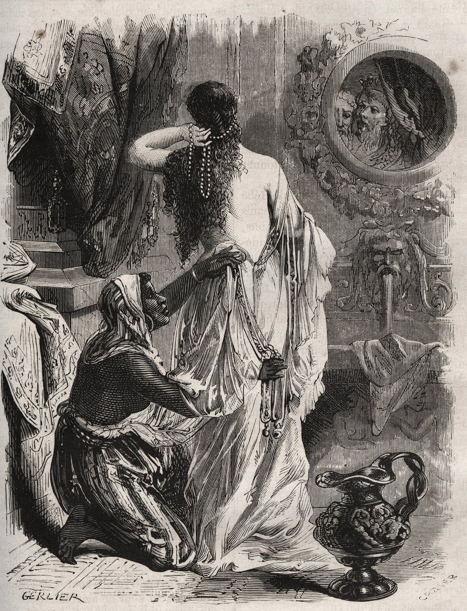 Gresk mytologi: kongen av Lydie Candaule (eller Caudale) viser sin kone naken for sin fortrolige Gyges, gjemmer seg i skyggene når hun lukker seg på soverommet. Gravering fra 1871 i «Histoire Des Cocus Celebres»» av Henry de Kock (1819-1892). av French School