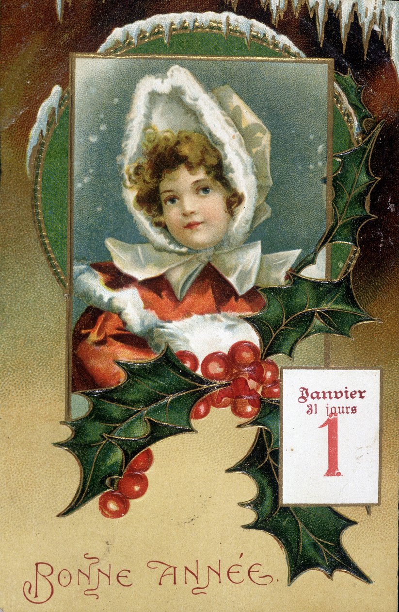 Gratulasjonskort: "" Godt nyttår"" (jente med kristtorn) - postkort, n.d., tidlig på 1900-tallet av French School