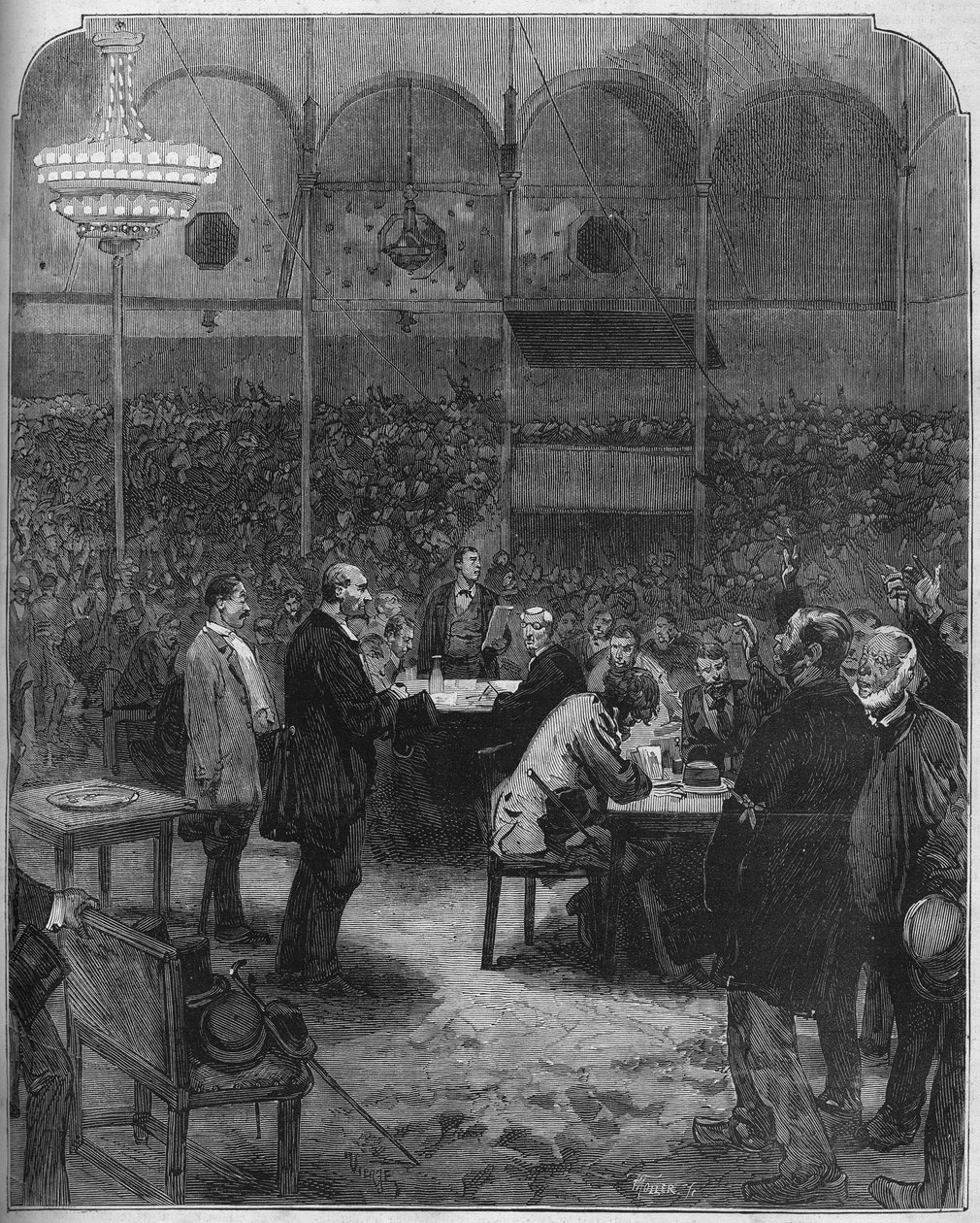 Greve des cochers de charres de Paris i 1878: valg av delegater til selskapet Petites Cars (Petite-Cars) i Fernando-sirkuset. Gravering i "" Le Monde Illustré"" nr. 1116 av 17. august 1878. av French School