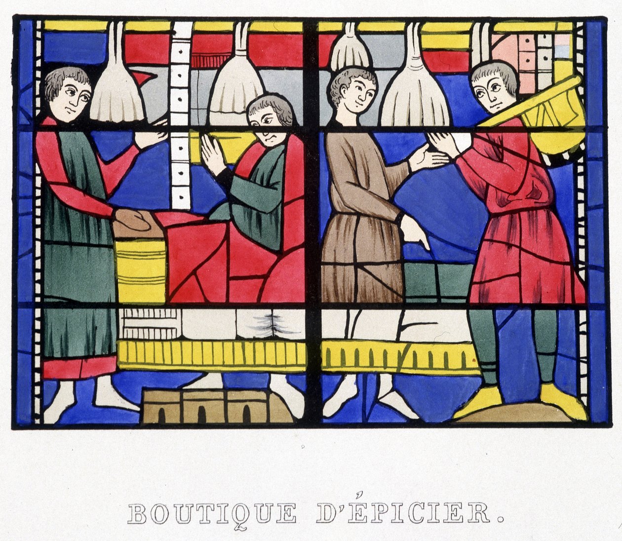 Matbutikk. Faksimile av et glassmaleri fra middelalderen i «Histoire de la peinture sur verre»» av Ferdinand de Lasteyrie av French School