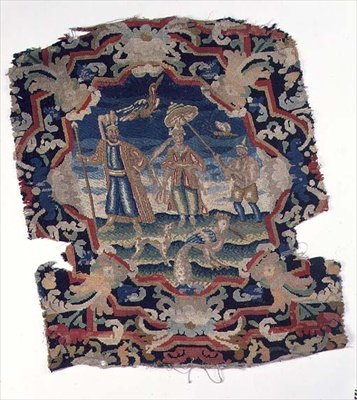 Gros point og petit point setetrekk av tre østeuropeiske figurer og fugler, midten av 1700-tallet (detalj) av French School