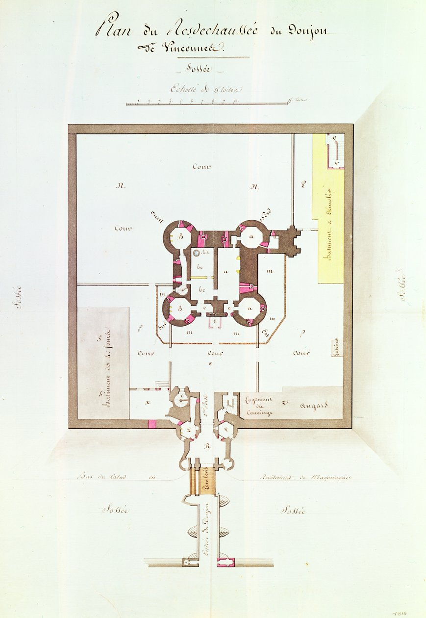 Første etasjeplan for Vincennes fengsel, 1810 (penn og blekk) av French School
