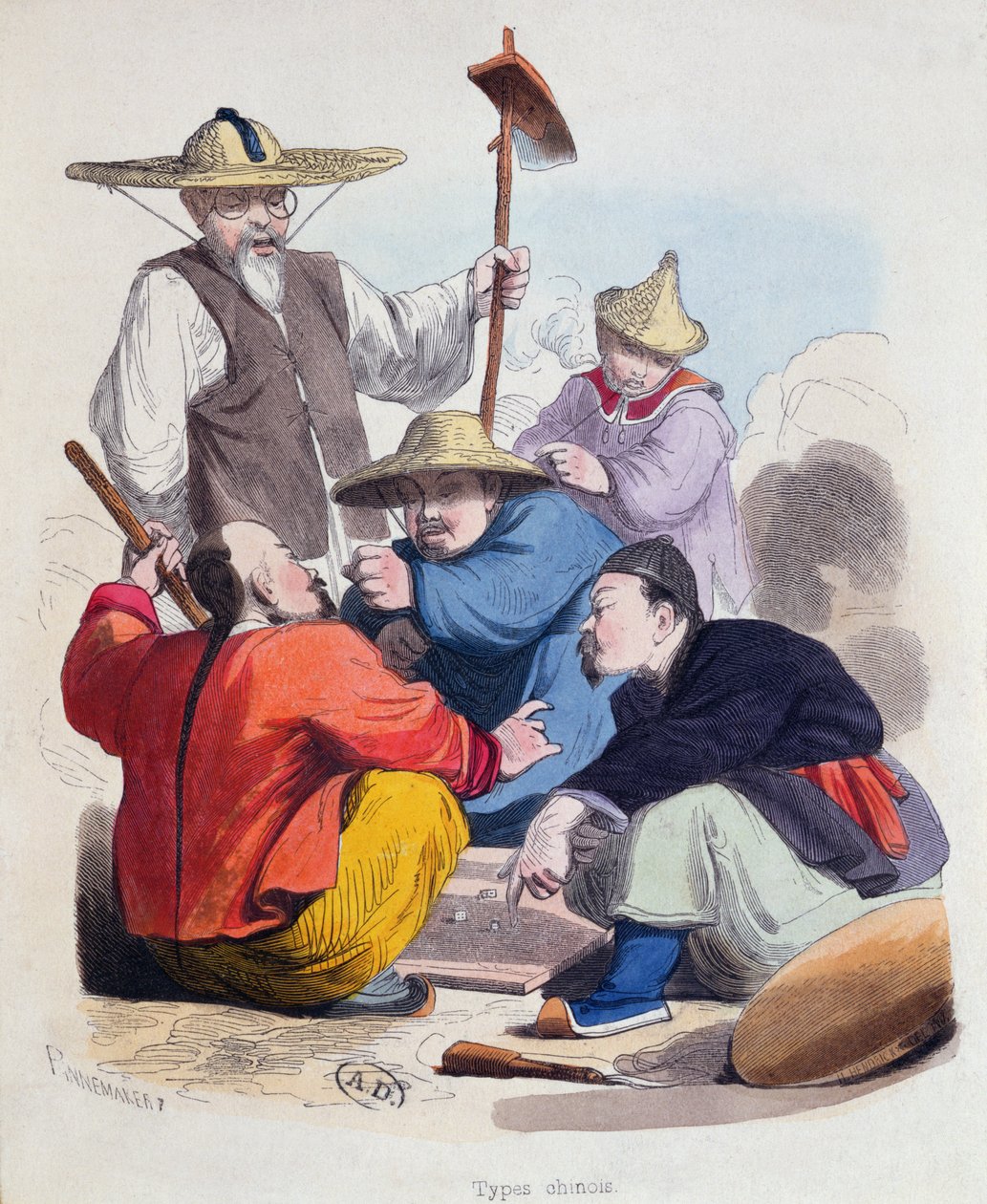 Gruppe kinesiske menn som spiller terninger, ca. 1850 (fargegravering) av French School