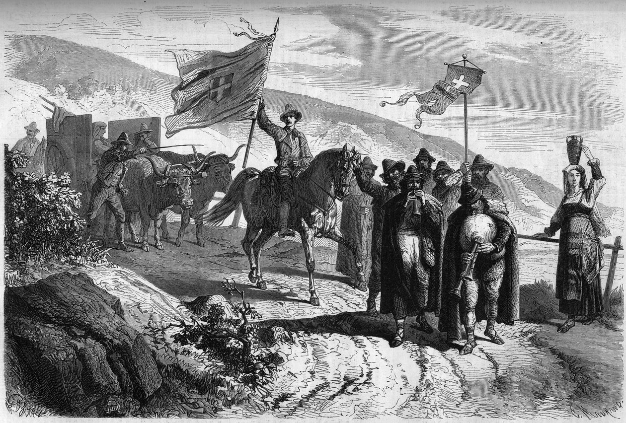 En gruppe "Pifferari" (tiggere og vandrende musikere fra Italia) forlater provinsen Abbruzzo til Napoli i anledning Holy Week. Gravering i "" Le Monde Illustré"" nr. 364 av 2. april av French School