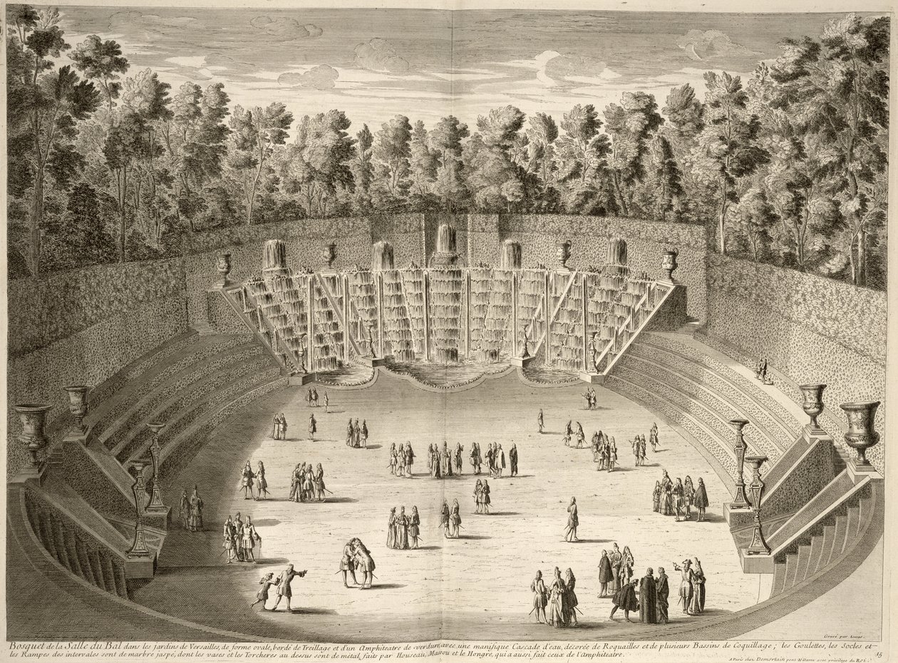 Grove of the Salle du Bal, Versailles, fra Plans, Profiles and Elevations of the Towns and Palaces of Versailles, gravert av Lucas, publisert ca. 1715 av French School