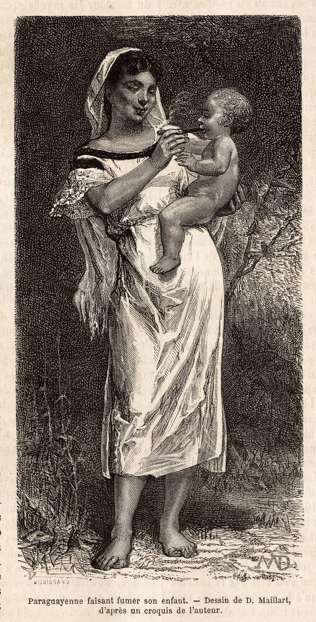 Guaranie-kvinne som røyker sigaren til barnet sitt, rir på hoften hennes, for å prøve å dempe ropene hennes, gravering etter D.Maillarts tegning, illustrerer reisen til Paraguay i 1872-1873, av L.Forgues, publisert i "" Le tour du monde”” 1874, redigert av av French School
