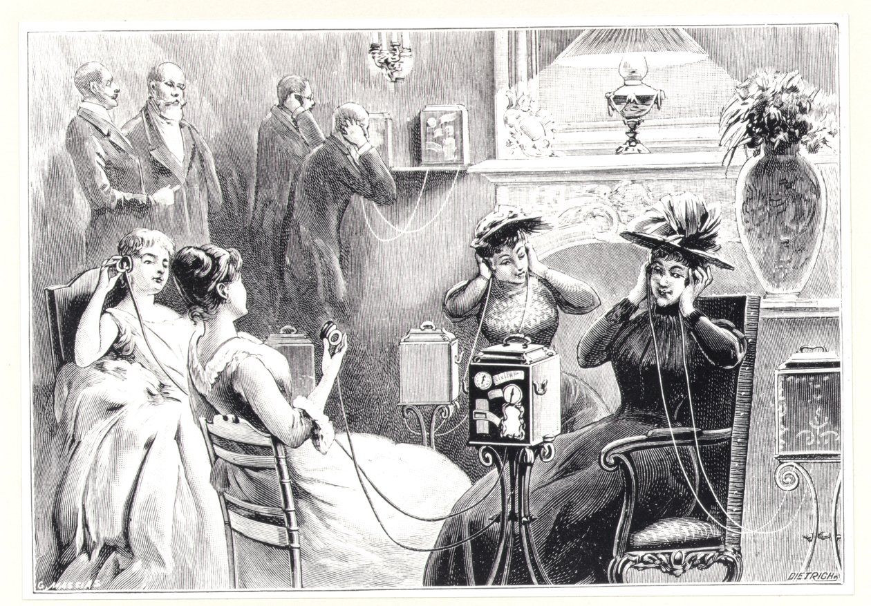 Gjester på et hotell i Paris som lytter til direkte stafetter for opera- eller teaterforestillinger på Marinovitchs og Szarvadys Theatrophone, fra La Nature, publisert 1892 av French School