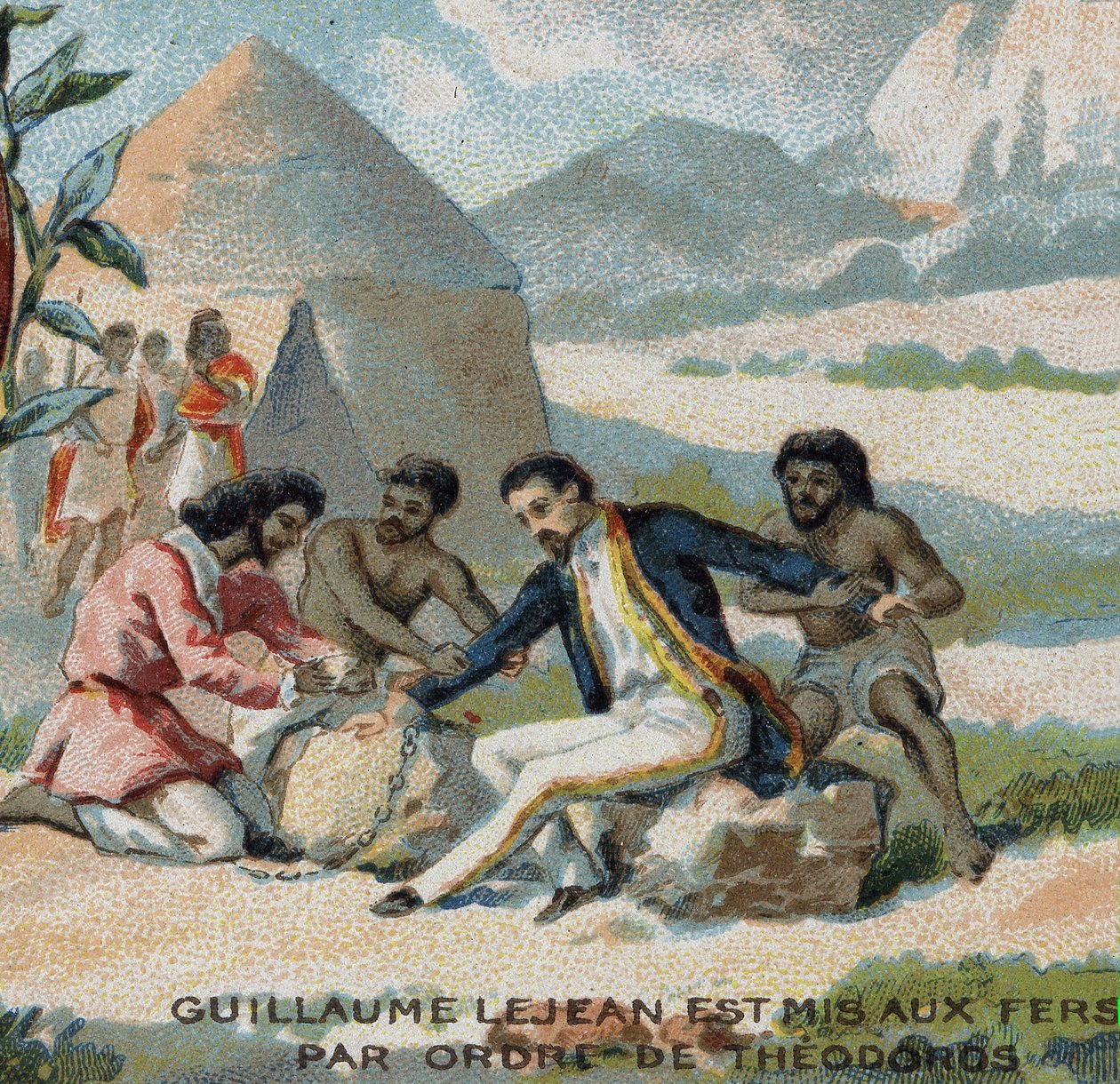 Guillaume Lejean, a French explorer, was put in shackles by order of Emperor Theodoros of Abyssinia (present-day Ethiopia). Chromolithography of the 19th century. av French School