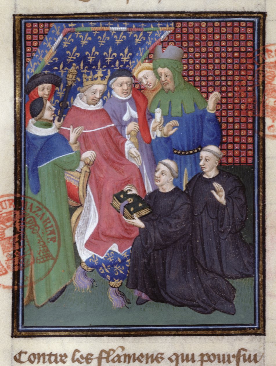 Guillaume de Nangis (d.1300 eller 1303) presenterer boken sin til Philippe IV le Bel, konge av Frankrike fra 1285-1314 (vellum) (detalj av 239257) av French School