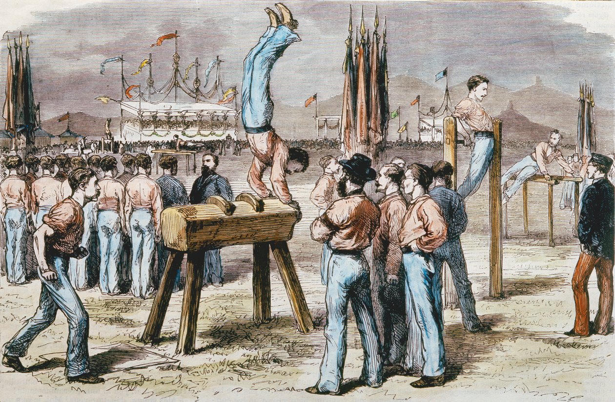 Gymnastikkkonkurranse, 1876 (fargegravering) av French School