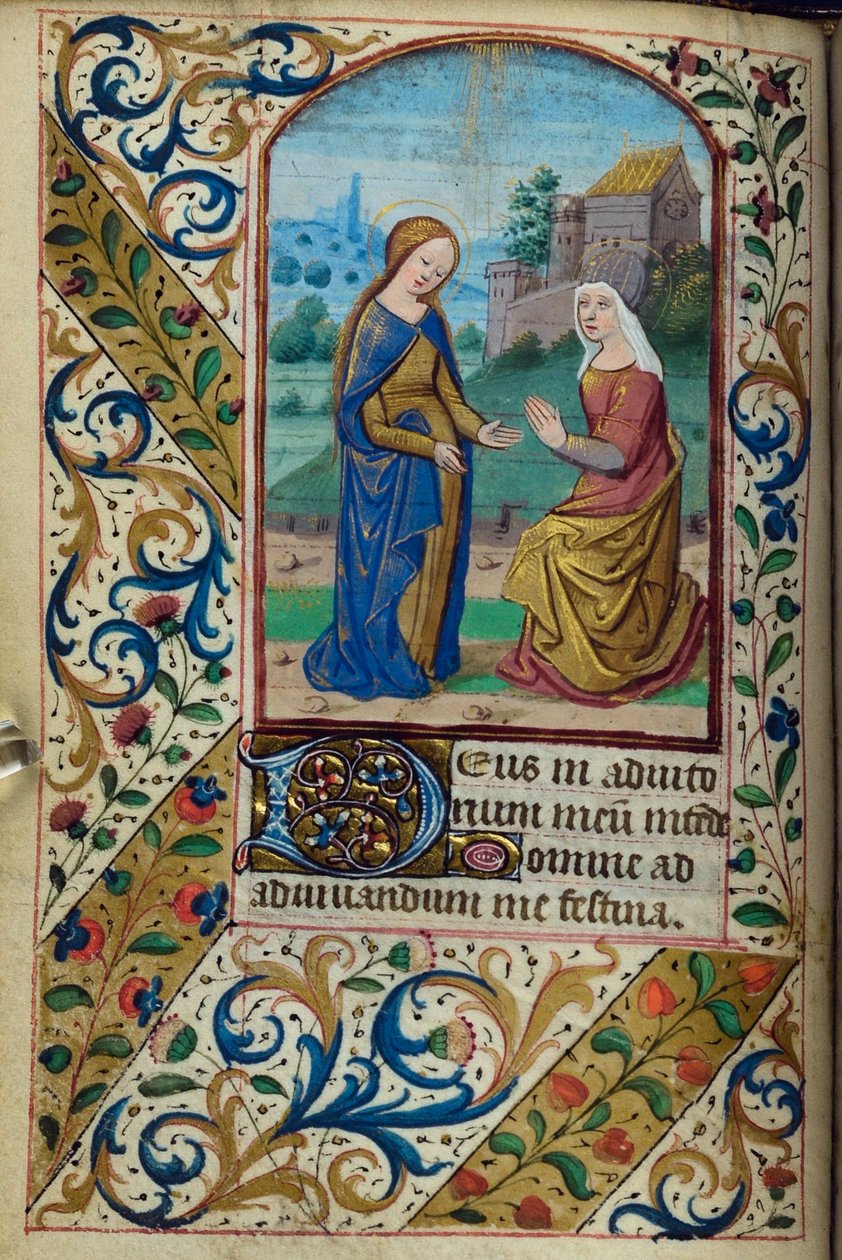 H/L-3-3 fol. 46v The Visitation, fra Book of Hours, Use of Paris, midten av 1400-tallet av French School