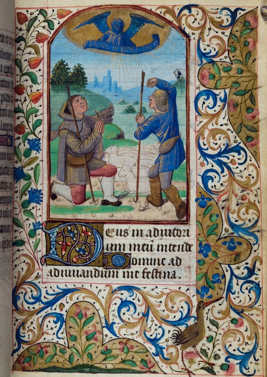 H/L-3-3 fol. 62r Annunciation to the Shepherds, fra Book of Hours, Use of Paris, midten av 1400-tallet av French School