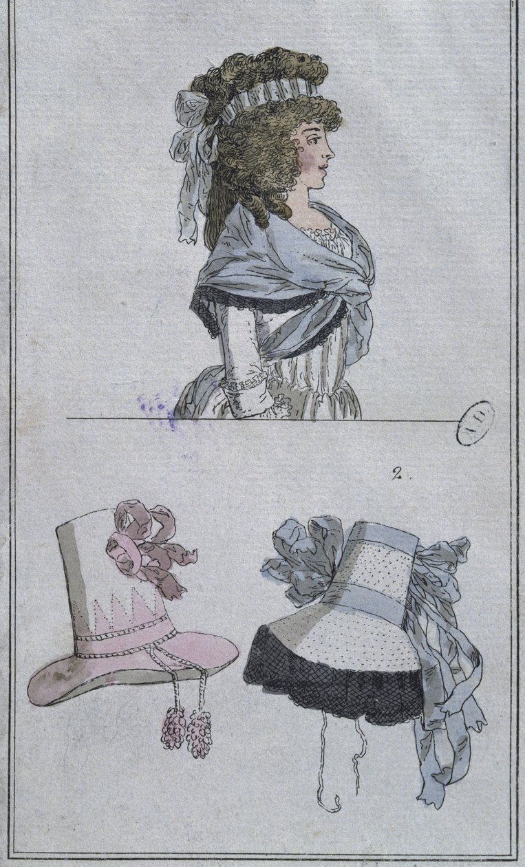 Frisyre og hatter (fargegravering) av French School